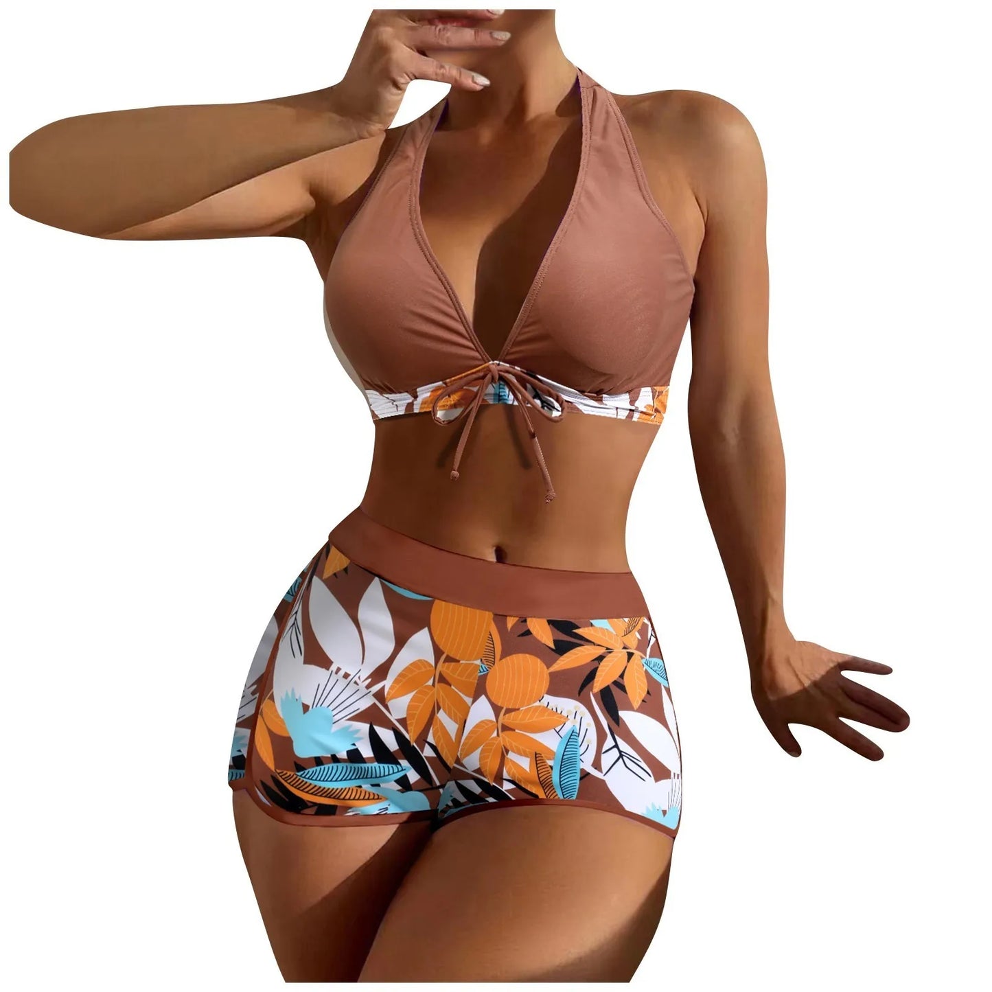 Shorts Bikinis Set  High Waist Swimsuit Women Swimwear  Plant Print Bathers Bathing Swim Suit Beachwear