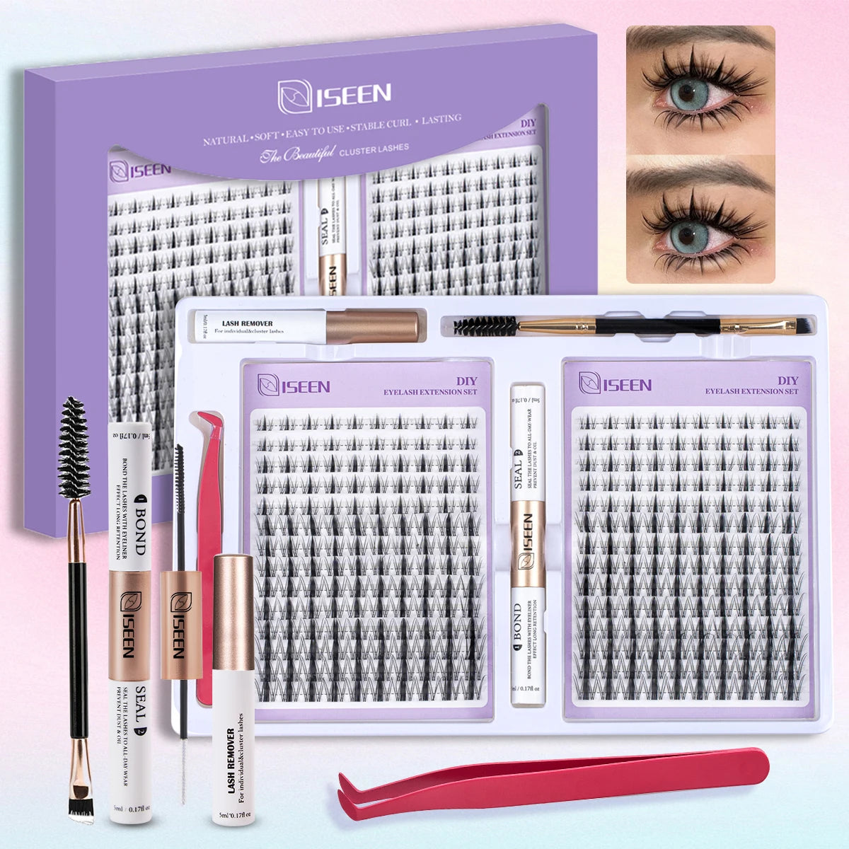 ISEEN DIY Eyelash Extension Kit Cluster Mix Eyelashes Full  Lashes Kit with Lash Bond & Seal and Eyelash Tweezers and Brush