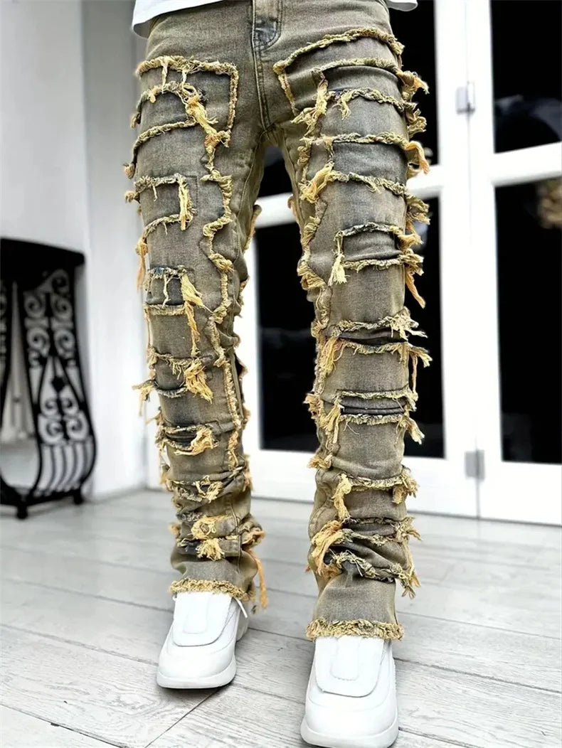 Casual Distressed Men's Jeans Tassels Patchwork Design Vintage Washed Stretch Denim Pants Straight Fashion Streetwear Trousers