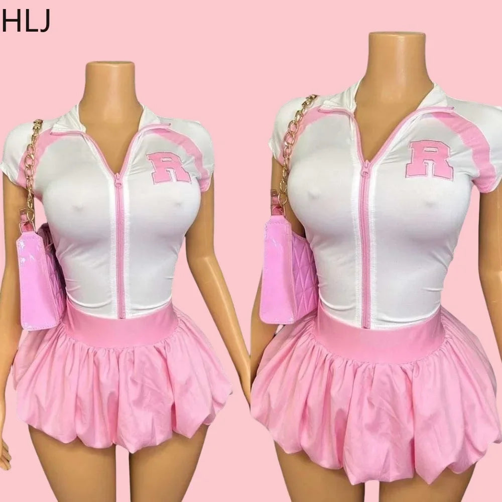 HLJ&GG Fashion Letter Embroidery Two Piece Sets For Women Zipper Short Sleeve Slim Top And Puffy Mini Skirts Outfits Streetwear