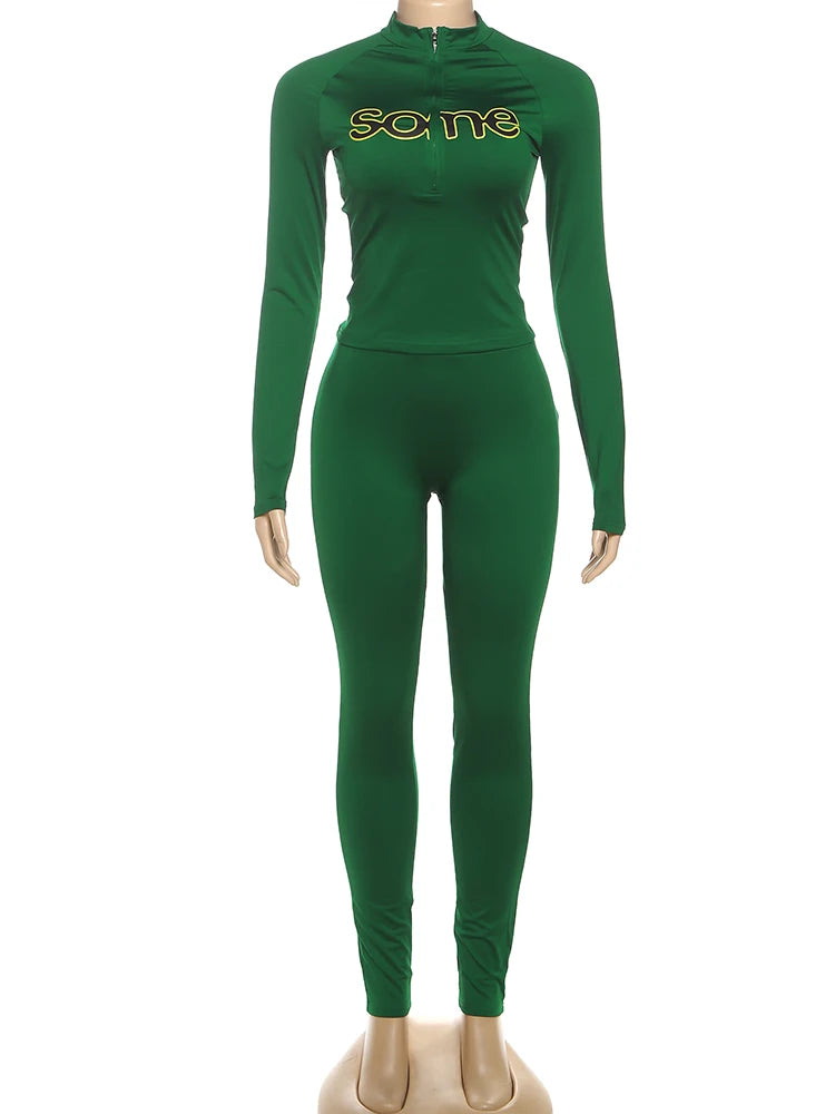 Weird Puss Casual Sporty Women2 Piece Set Letter Print Zip Crop Tops+Leggings Matching Street Stretch Skinny Streetwear Outfits