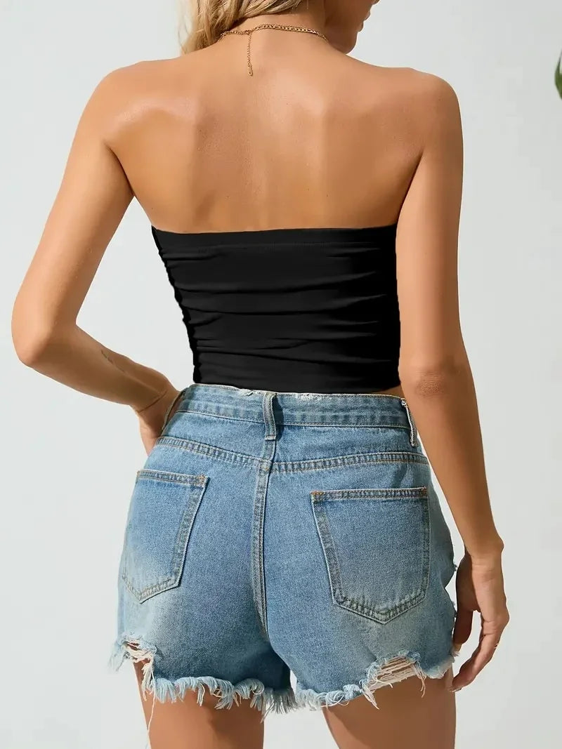 Europeans And Americans Solid Color Strapless, Off-the-shoulder Short Bodice Women's Backless Short Boat Neck Cami Tank Top
