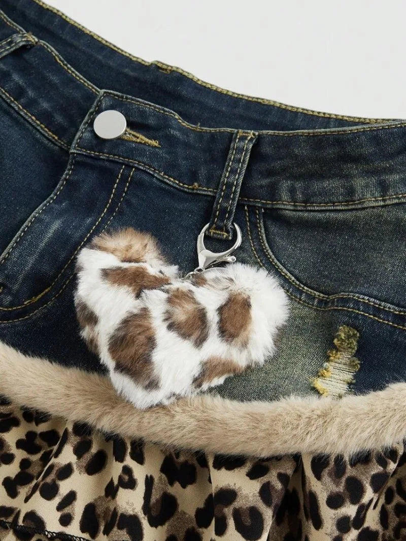 Harajuku Subculture jeans  Leopard Print Splicing Y2k Skirt Kawaii Gothic Mini Pleated Skirt Casual Retro Streetwear Skirts Women