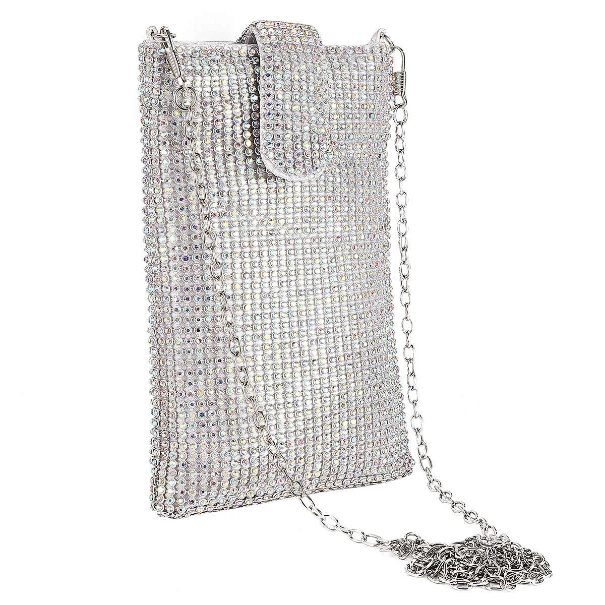 Shiny rhinestone mobile phone wallet, metal chain shoulder lipstick mini bag, dinner party ball messenger bag
