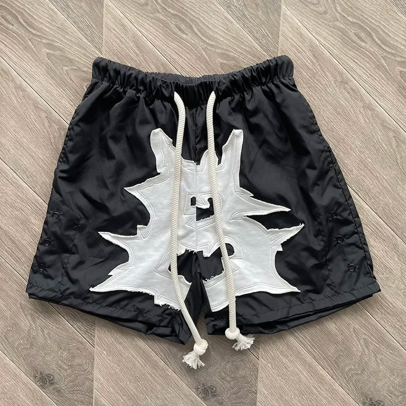 Cactus Jack Shorts Fashion Casual  Loose Color Blocking Patch Black Drawstring Elastic Waist Shorts Men Women Streetwear Pants