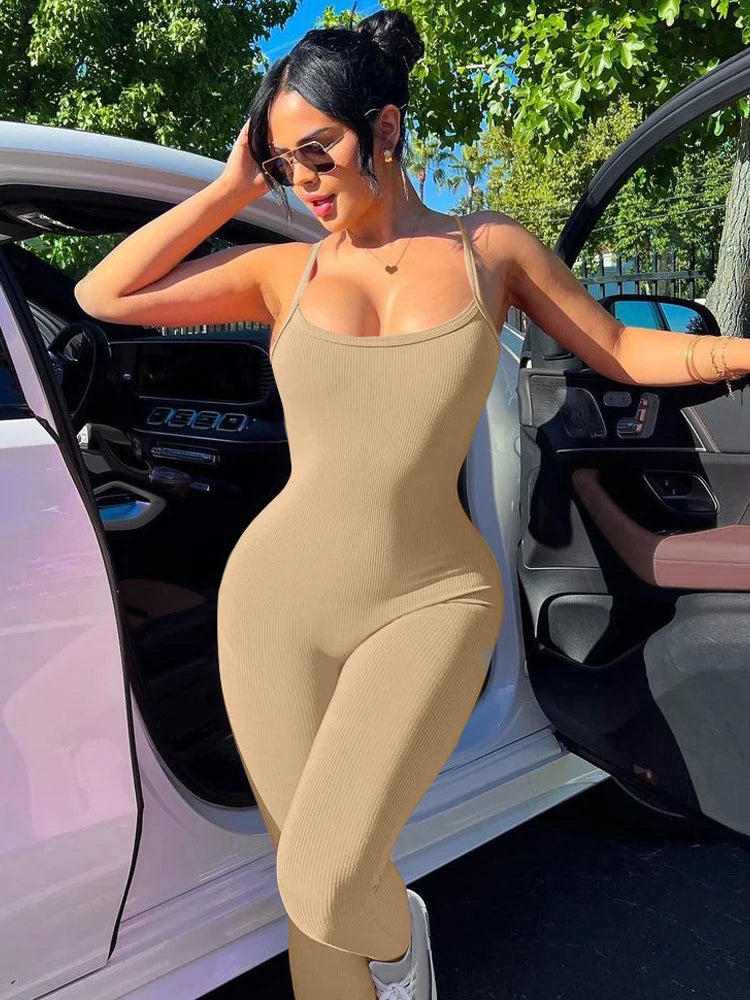 Hugcitar 2024 Fashion Ribbed Solid Slips Backless Sexy Skinny One Piece Jumpsuit Women Y2K Romper Vacation Sport Overalls