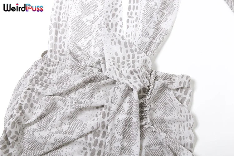Weird Puss Snake Print Women Sexy Dress Y2K See Through Irregular Halter Ruched Backless Ribbon Beach Vacation Clubwear Bodycon