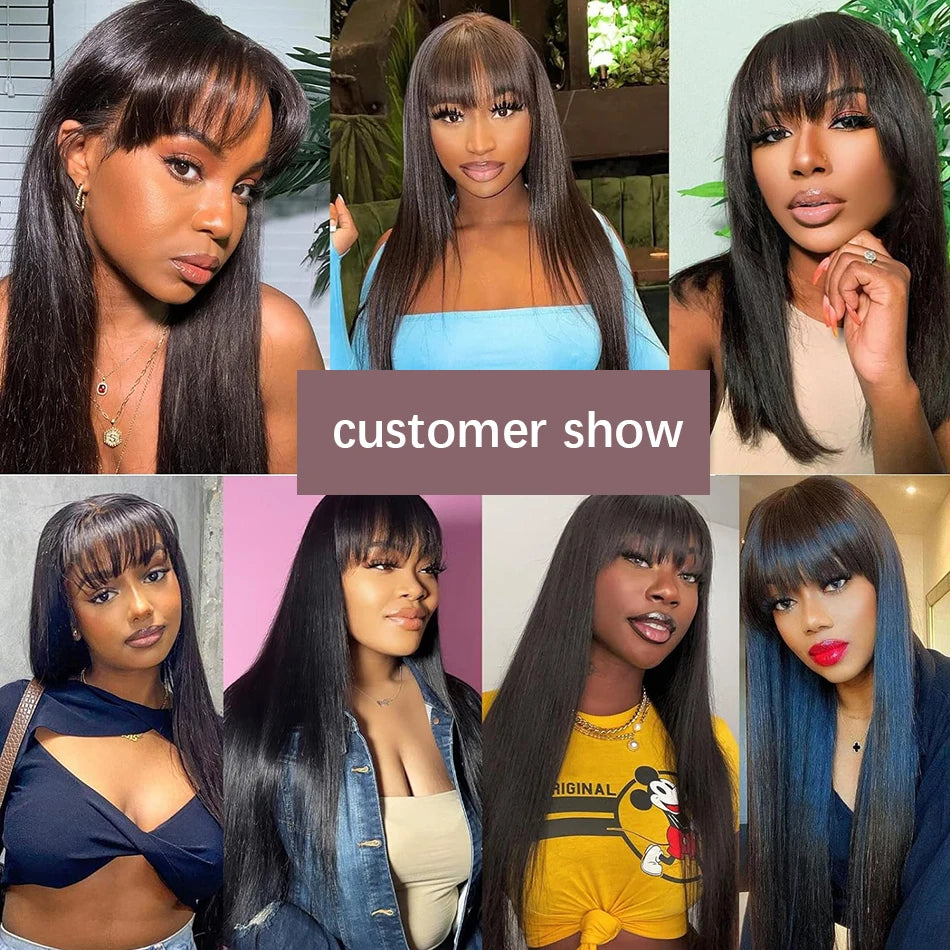 Wiggogo 3X1 Middle Part Lace Wig Bone Straight Human Hair Wig With Bangs Full Machine Made Straight Human Hair Wigs For Women