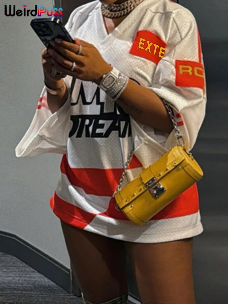Casual Hipster Women T-Shirt Contrast Letter Print Long Sleeve V-Neck Wild Streetwear Loose Summer Comfortable Tees