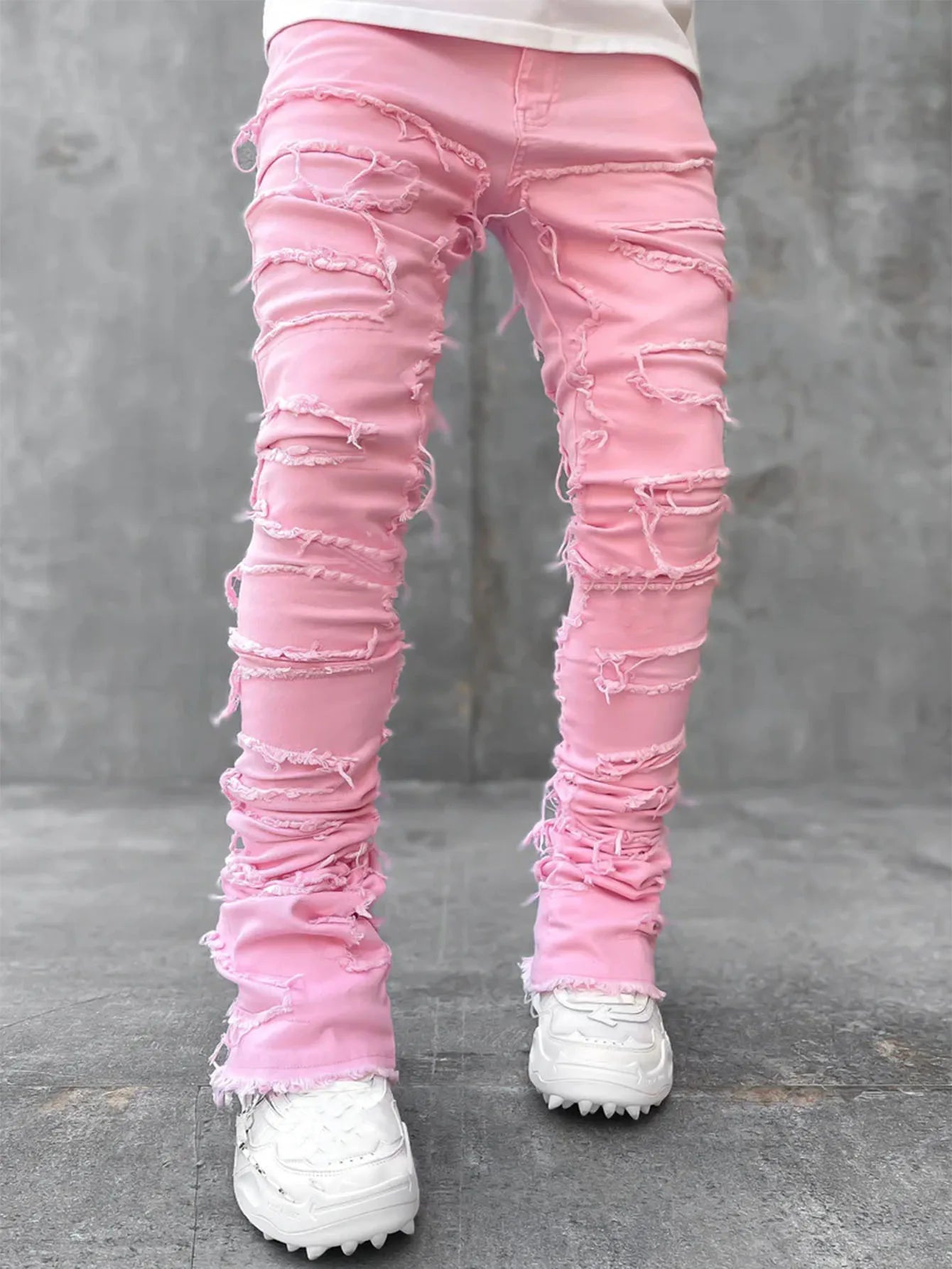 2025 New Men's Stacked Jeans Stretched Patchwork Tassel Damaged Denim Full Length Pants Hip-pop Trousers For Male