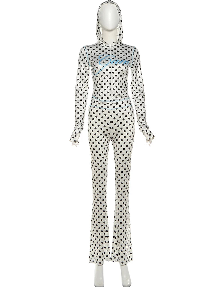Weird Puss Polka Dot Letter Print 2 Piece Set Woman Tracksuit Trend Sexy Hooded Jacket+Pants Skinny Stretch Matching Streetwear