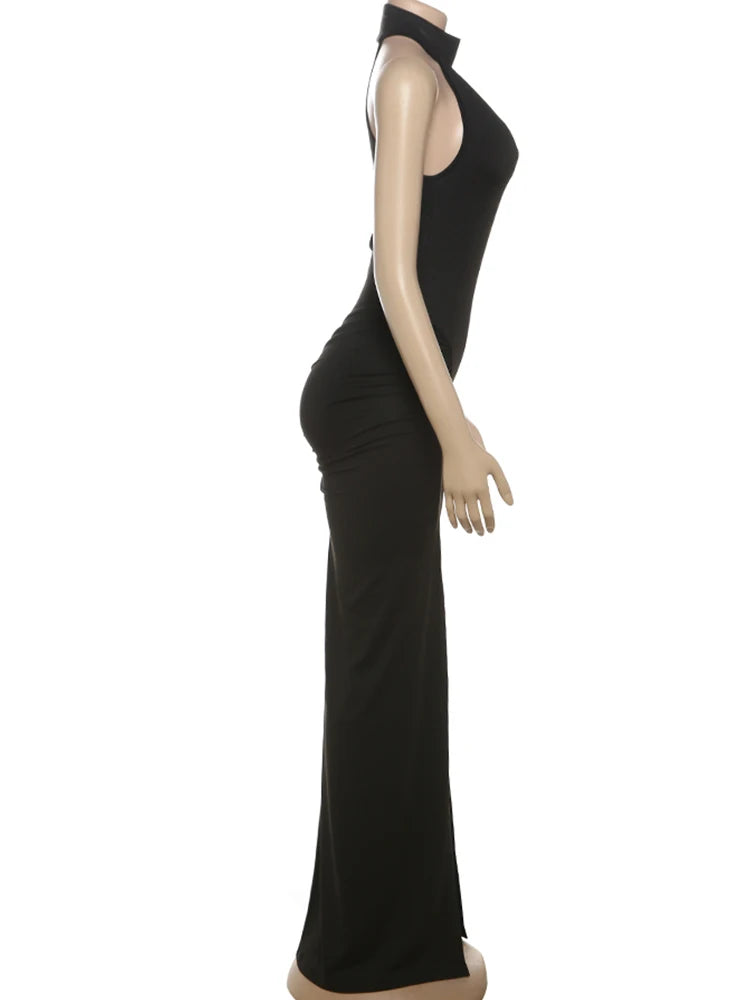 Weird Puss Peach Buttocks Dress Women Halter Pleated Solid Slim Slit Sexy Elegant Sleeveless Midnight Clubwear Party Vestidos