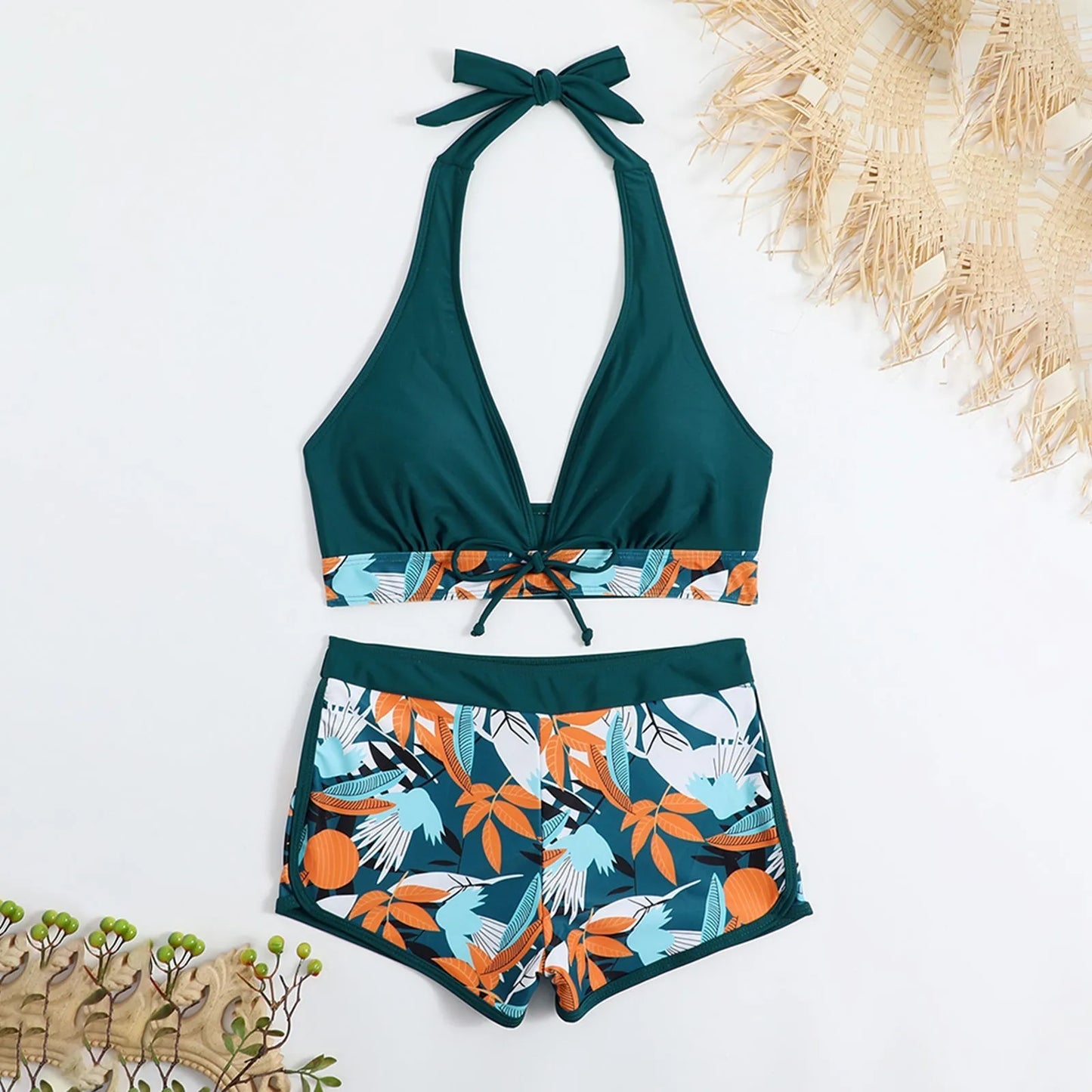 Shorts Bikinis Set  High Waist Swimsuit Women Swimwear  Plant Print Bathers Bathing Swim Suit Beachwear