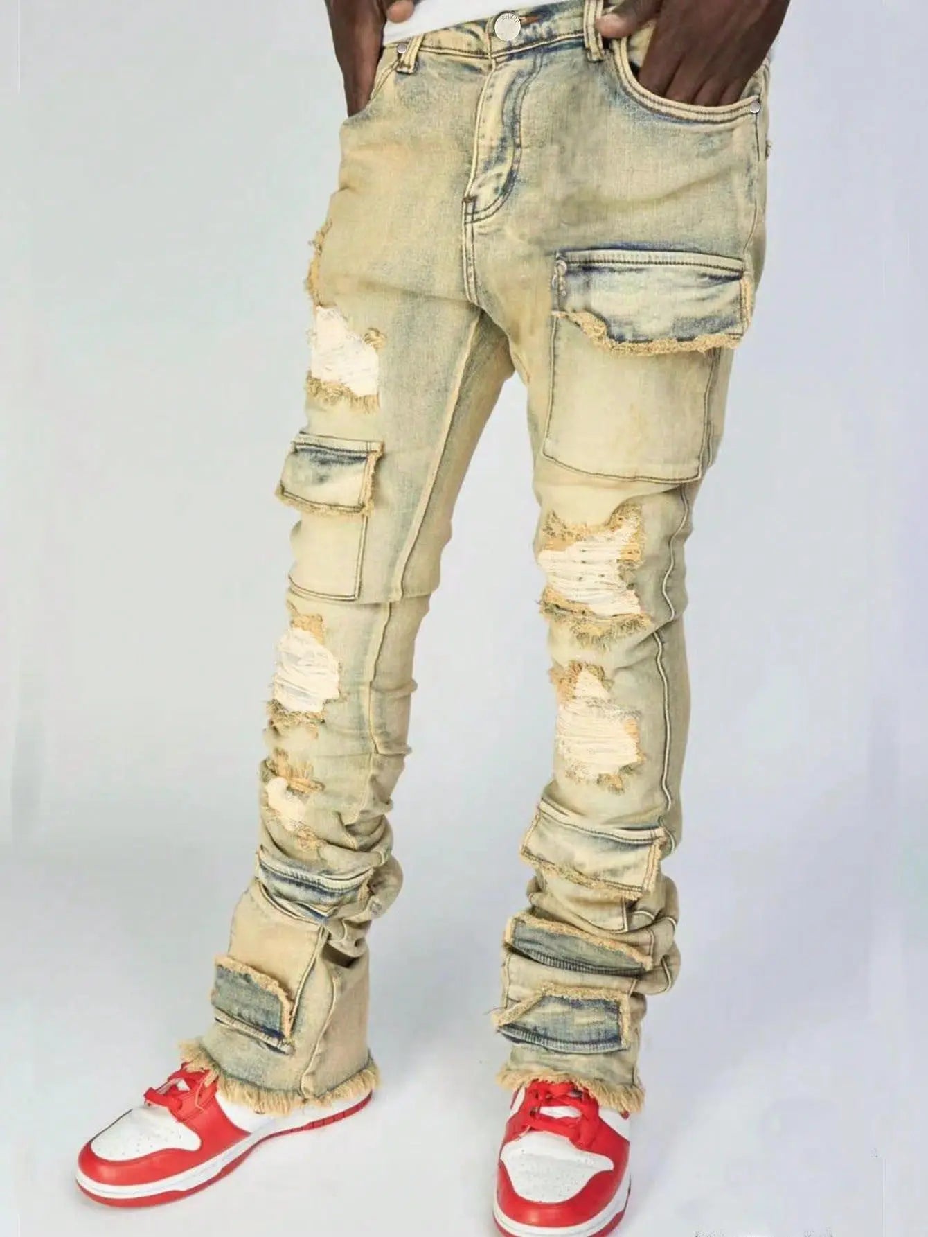 Jeans Long Pant Denim Flare Pants Hole Straight Trousers Slim Fit High Waist Casual Button Pocket Splice Autumn Winter, men's jeans