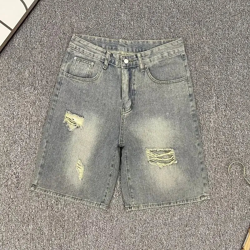 Ripped Denim Shorts Men's American Fashion Brand Loose Straight Mid-pants Casual Versatile Five-point Pants Jort Clothing Jorts