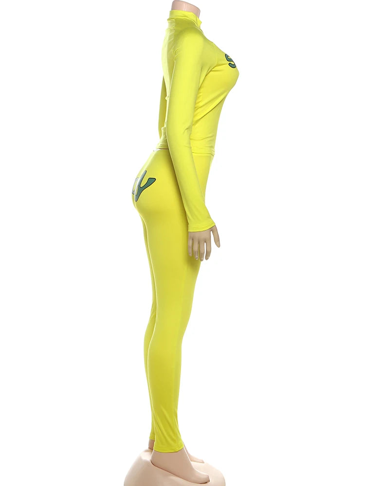 Weird Puss Casual Sporty Women2 Piece Set Letter Print Zip Crop Tops+Leggings Matching Street Stretch Skinny Streetwear Outfits