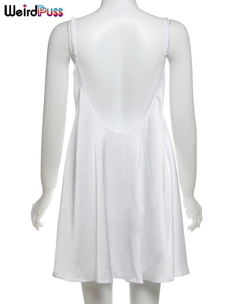 Weird Puss Y2K W-Neck Dress Women Summer Trend Sleeveless Backless Mesh Silk Patchwork elegant Birthday Party Prom Loose Bodycon