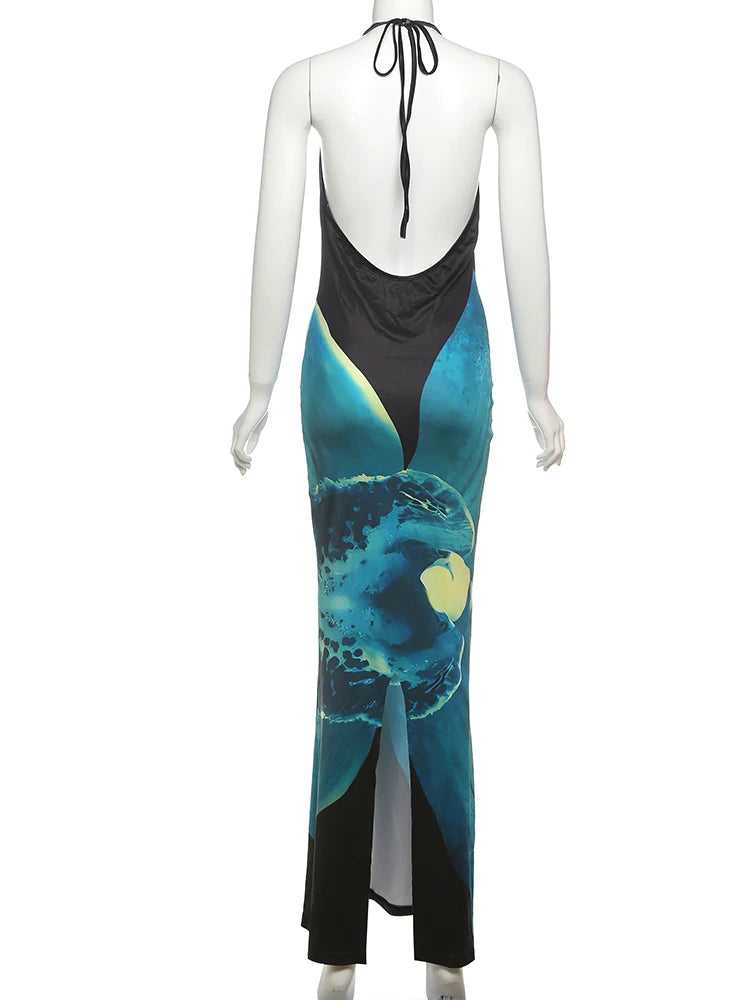 Weird Puss Orchid Print Women Halter Dress Sexy Y2K Sleeveless Backless Bandage Behind Splits Elegant Midnight Clubwear Vestidos