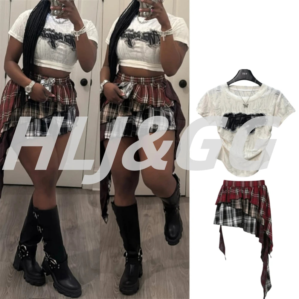 HLJ&GG Fashion Plaid Printing Irregular Mini Skirts Two Piece Sets Women O Neck Short Sleeve Top And Skirts Outfits Streetwear