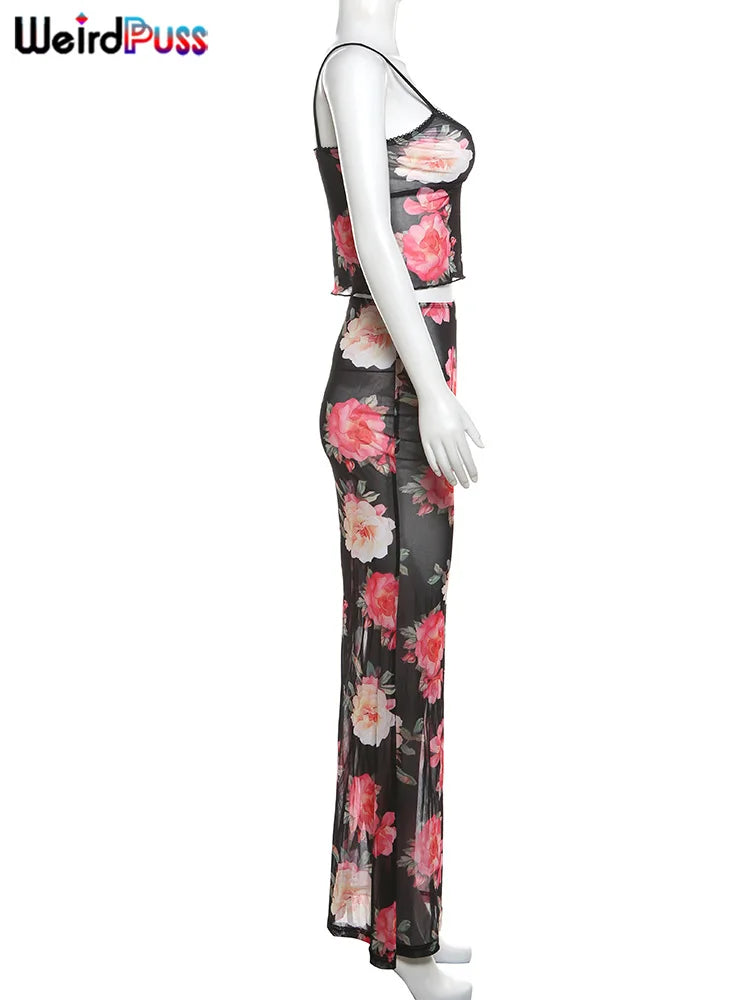 Weird Puss Summer Sheer Women 2Piece Set Side Split Slim Long Skirt+V Neck Camisole Ladies Sexy Vacation Party Matching Suits