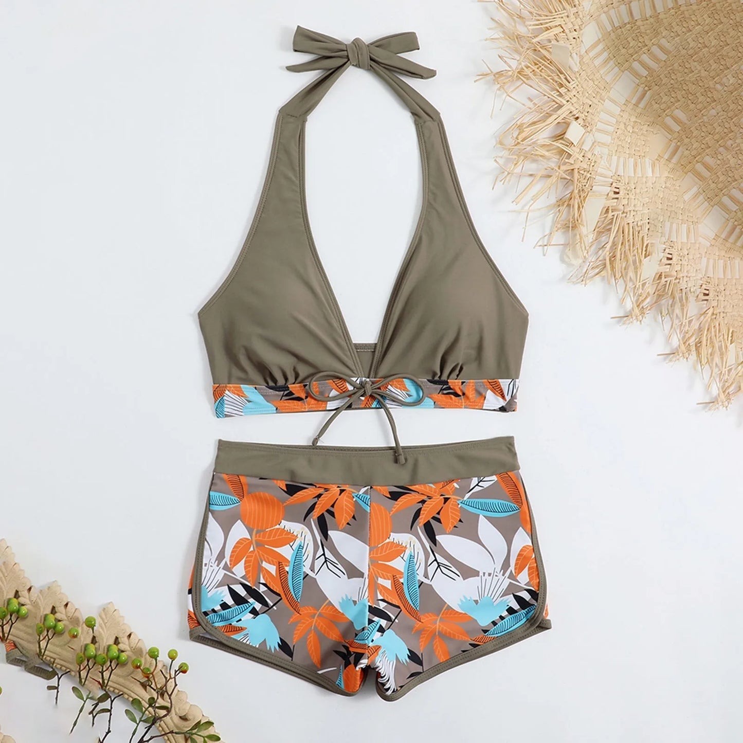Shorts Bikinis Set  High Waist Swimsuit Women Swimwear  Plant Print Bathers Bathing Swim Suit Beachwear