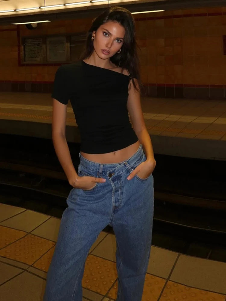 Off Shoulder Top Women Ruched Fashion Skew Collar Single Sleeve Daily Casual Solid Simple Streetwear