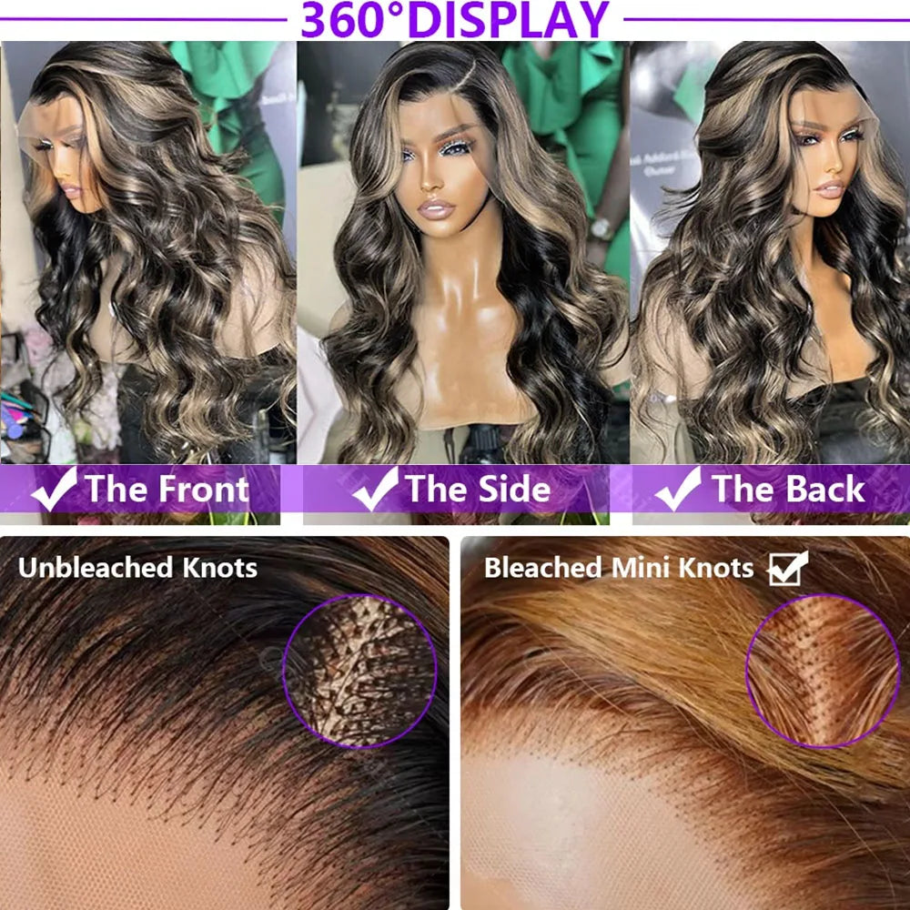1B/27 Balayage Highlight Body Wave Wig Human Hair 30 Inch 13x4 HD Lace Frontal Wig Ombre Blonde Highlight Brazilian Hair  Wigs