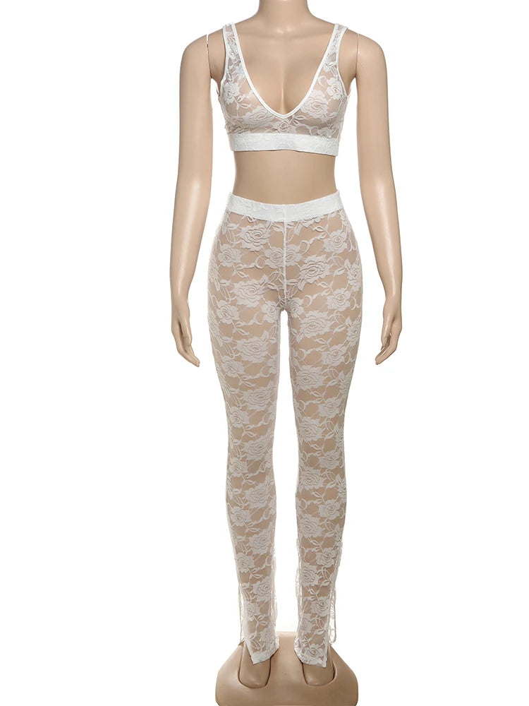 2 Piece Set, lace Coquette Wide Belt Tank Tops+Leggings