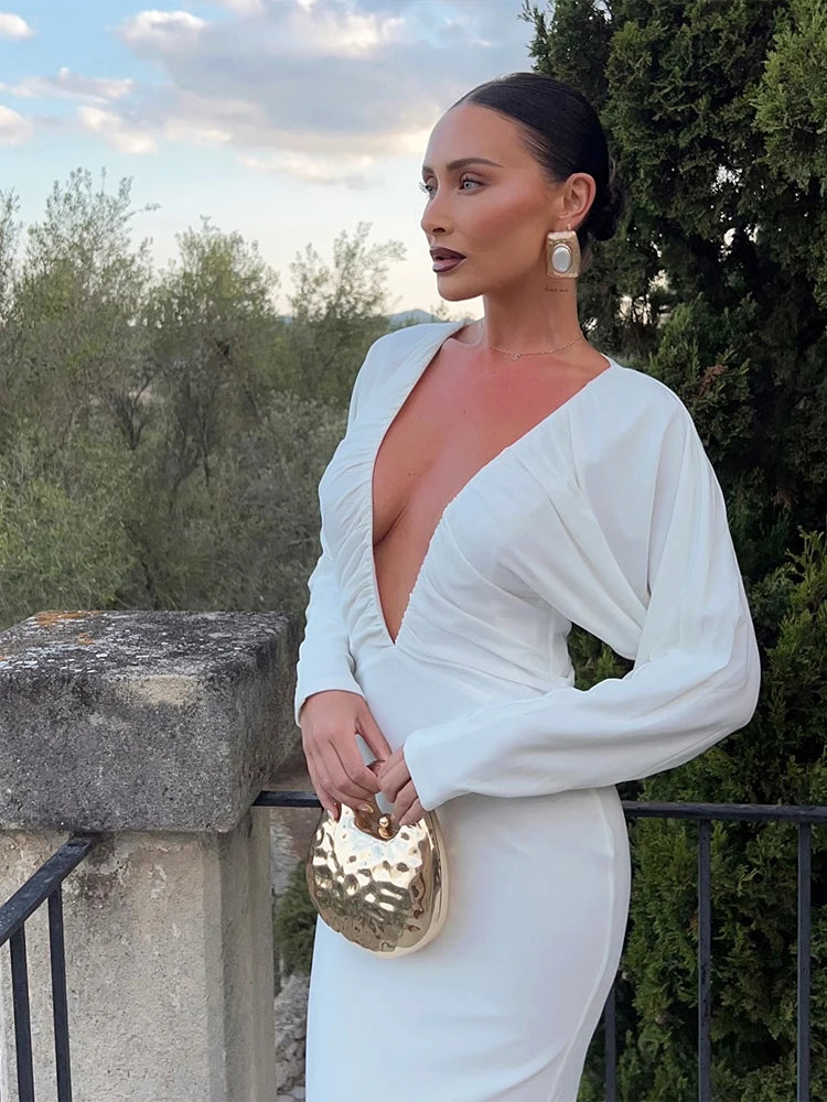 Weird Puss Deep V-Neck Maxi Dress Women Y2K Elastic Long Sleeve Elegant Ruched Stretchy Skinny Cocktail Birthday Party Vestidos
