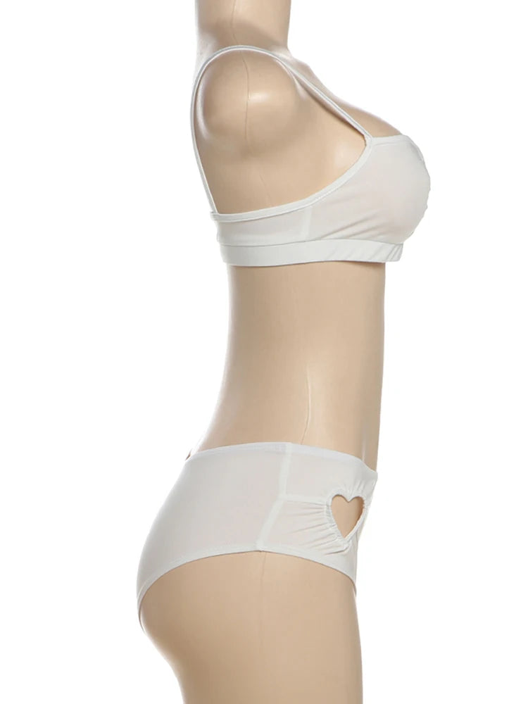 Weird Puss Heart Hollow 2 Piece Set Women Simple Vacation Camisole+Panties Beach Style Matching Stretch Street Comfortable Suit