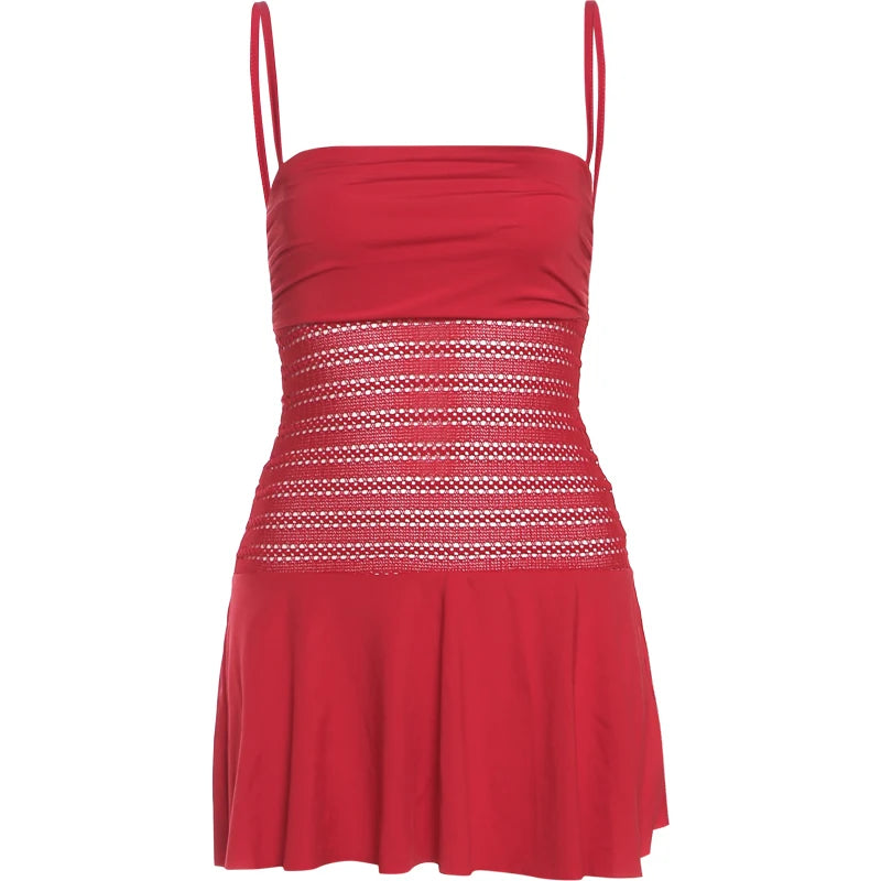 Weird Puss Hollow Dress Women Fold Straples Patchwork Low-Neck Sleeveless Backless Sexy Midnight Summer Trend Party Mini Bodycon