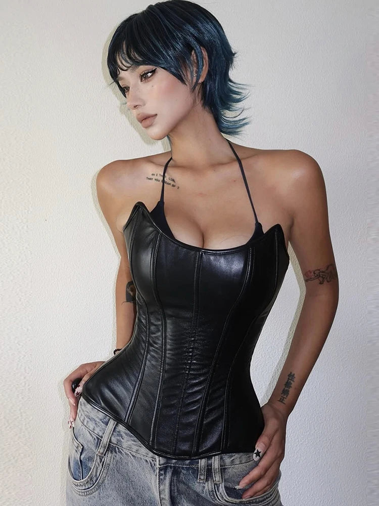 Weird Puss Sexy Faux Leather Tank Top Women Fashion Casual Sleeveless Patchwork Irregular Hem Coquette Midnight Party Club Vest