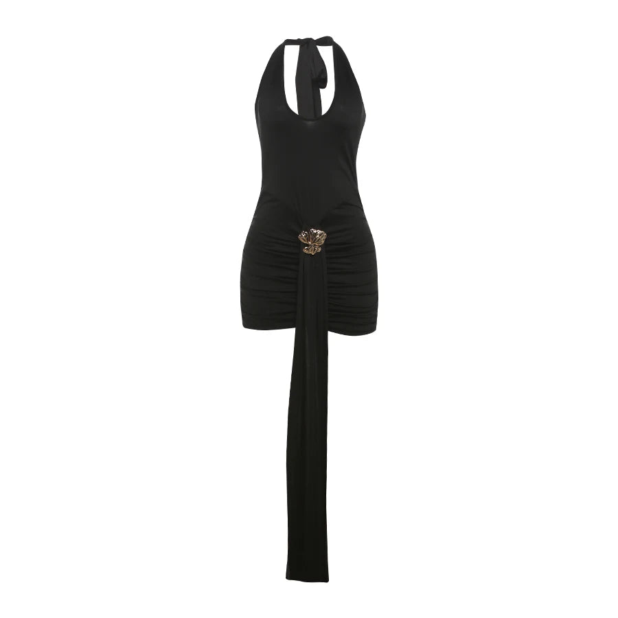 Weird Puss Metal Ribbon Dress Women Y2K Elegant Summer Halter Bandage Folds Peach Buttocks Backless Skinny Sexy Midnight Bodycon