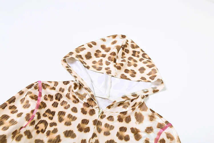Weird Puss Letter Print Women Tracksuit 2Piece Set Leopard Zip Hooded Jacket+Biker Shorts Matching Street Stretch Activity Suits