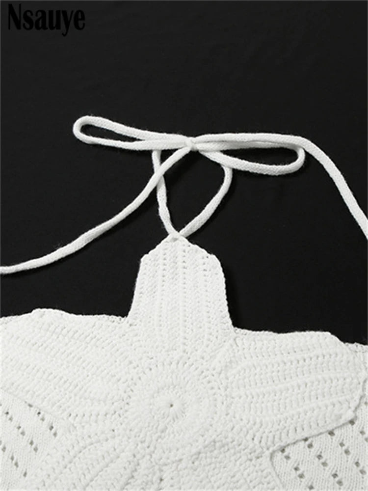 Nsauye Flower Knitted Halter Chic Off Shoulder Crop Top Sexy Club Fashion Women Summer Sleeveless Hollow Out Beach Tank Tops