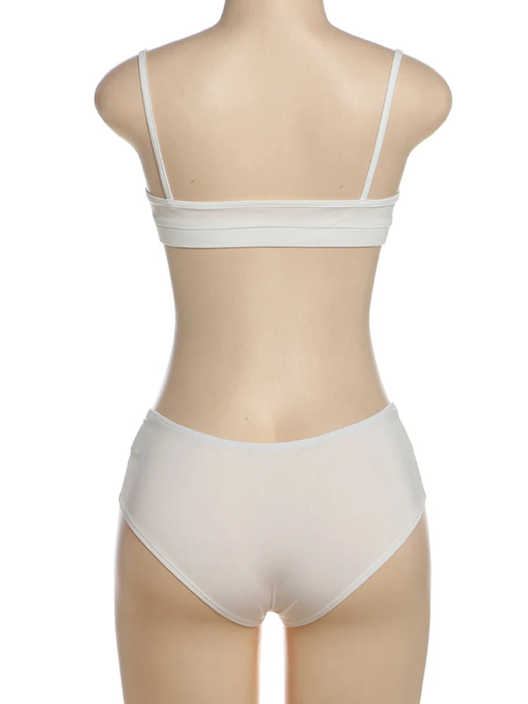 Weird Puss Heart Hollow 2 Piece Set Women Simple Vacation Camisole+Panties Beach Style Matching Stretch Street Comfortable Suit