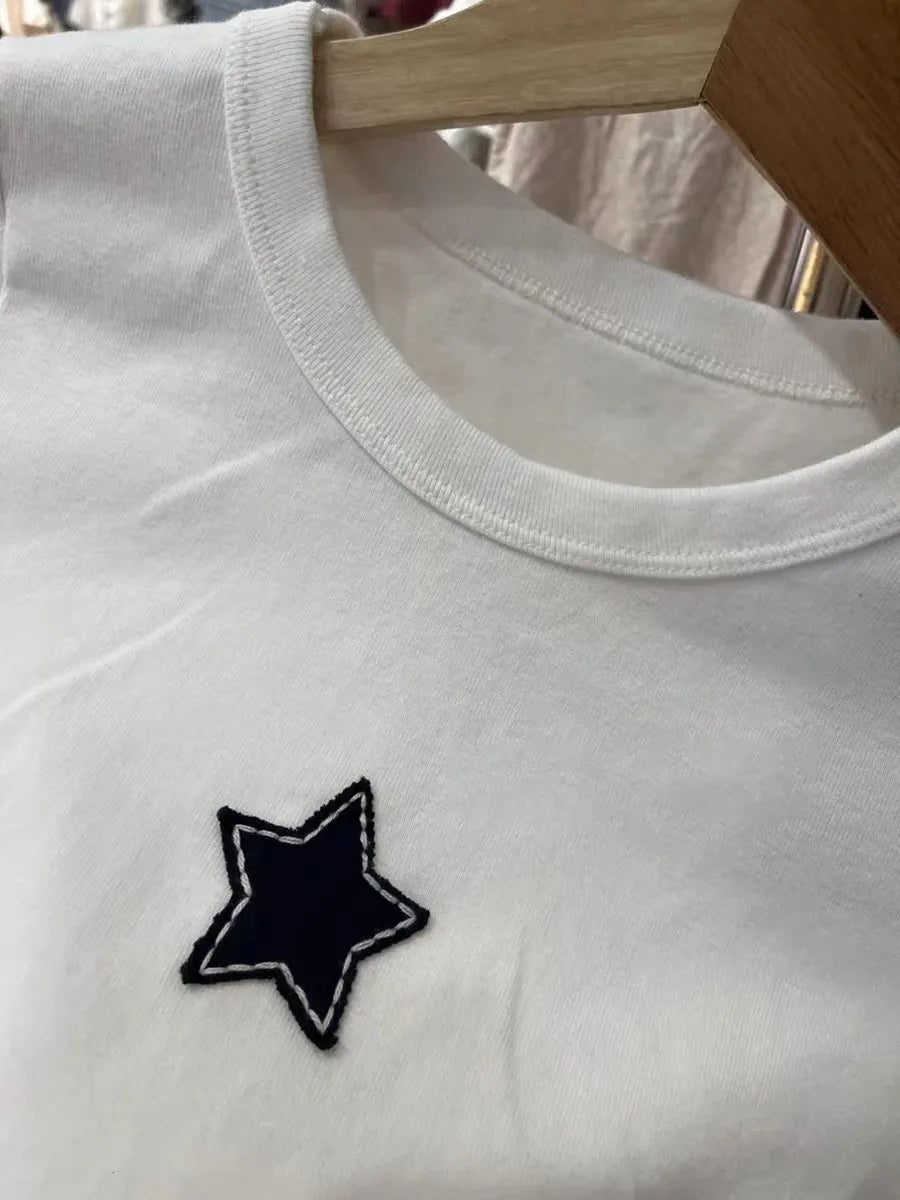 Sweet Star Appliques Slim Crop Top ladies Round Neck Y2K Tops