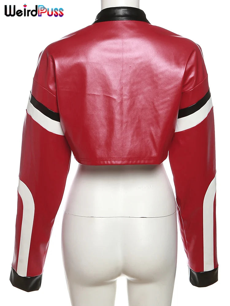 Weird Puss Faux Leather Women Jacket Hipster Letter Print Autumn Trend Casual Sporty Wild Streetwear Uniform Varsity Crop Coat