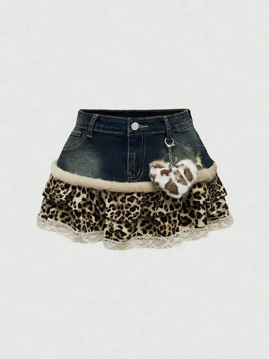Harajuku Subculture jeans Leopard Print Splicing Y2k Skirt Kawaii Gothic Mini Pleated Skirt Casual Retro Streetwear Skirts Women