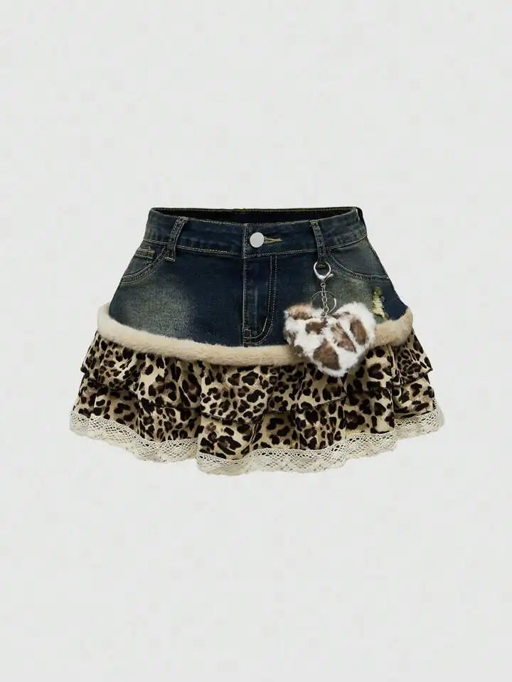 Harajuku Subculture jeans  Leopard Print Splicing Y2k Skirt Kawaii Gothic Mini Pleated Skirt Casual Retro Streetwear Skirts Women