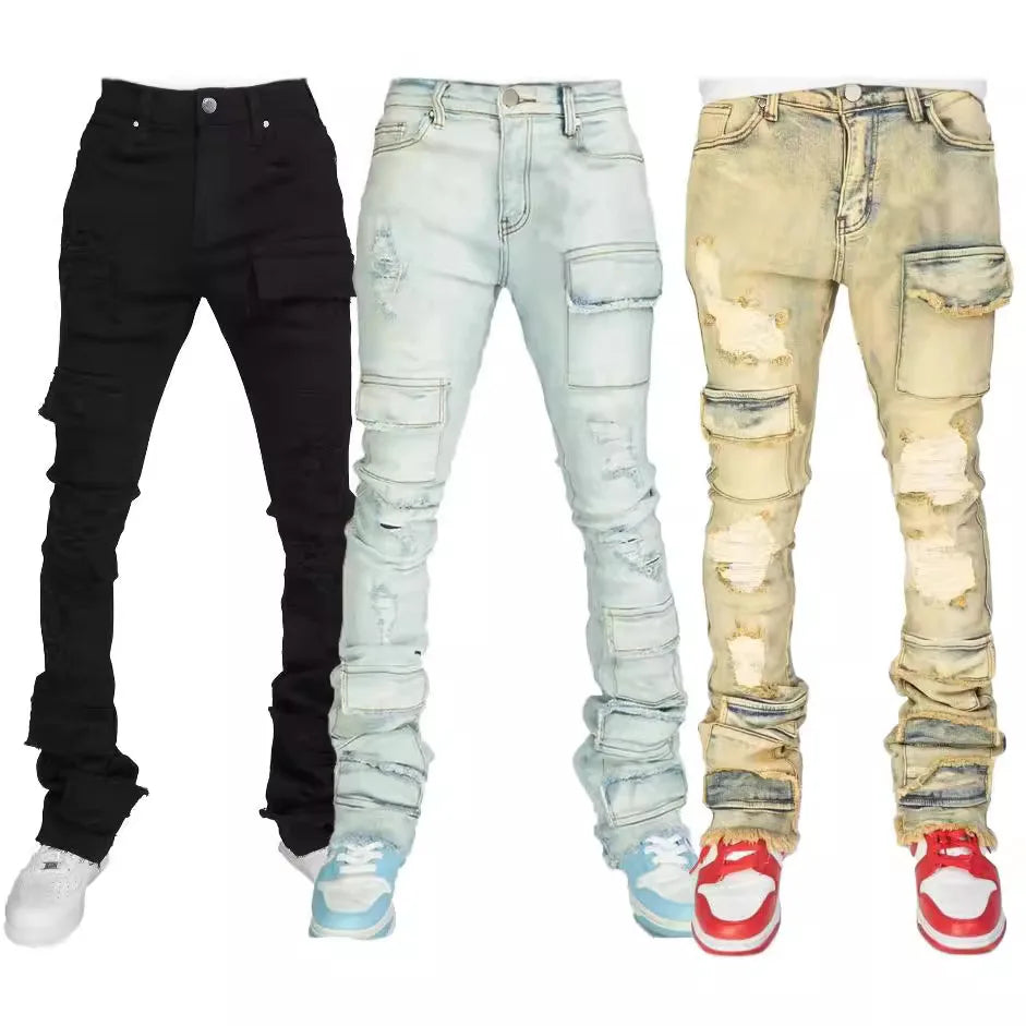 Jeans Long Pant Denim Flare Pants Hole Straight Trousers Slim Fit High Waist Casual Button Pocket Splice Autumn Winter, men's jeans