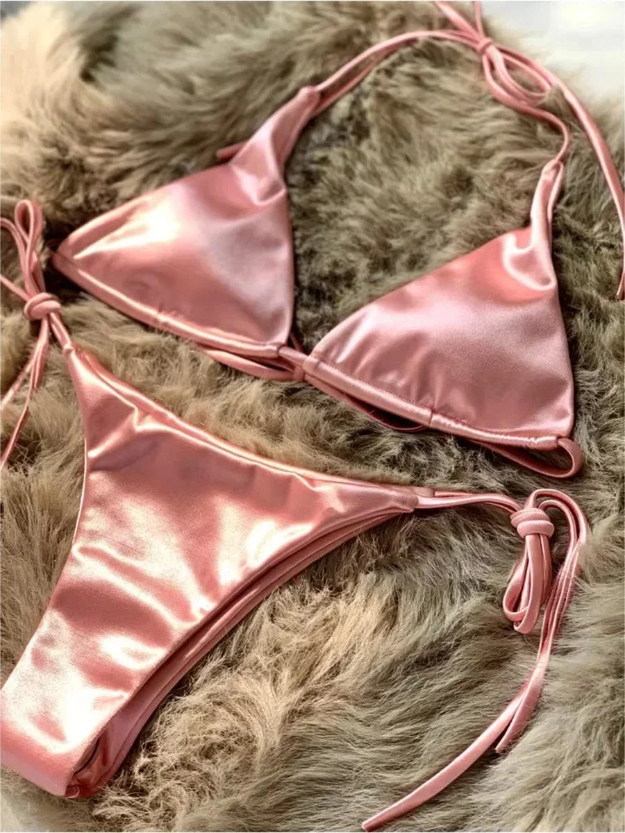 Halter Brazilian Metallic Satin Bikini  Swimwear, Swimsuit Two-pieces Bikini Set High Cut Bathing Suit Swim Beachwear