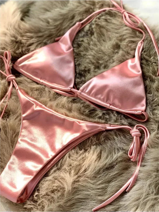 Halter Brazilian Metallic Satin Bikini  Swimwear, Swimsuit Two-pieces Bikini Set High Cut Bathing Suit Swim Beachwear