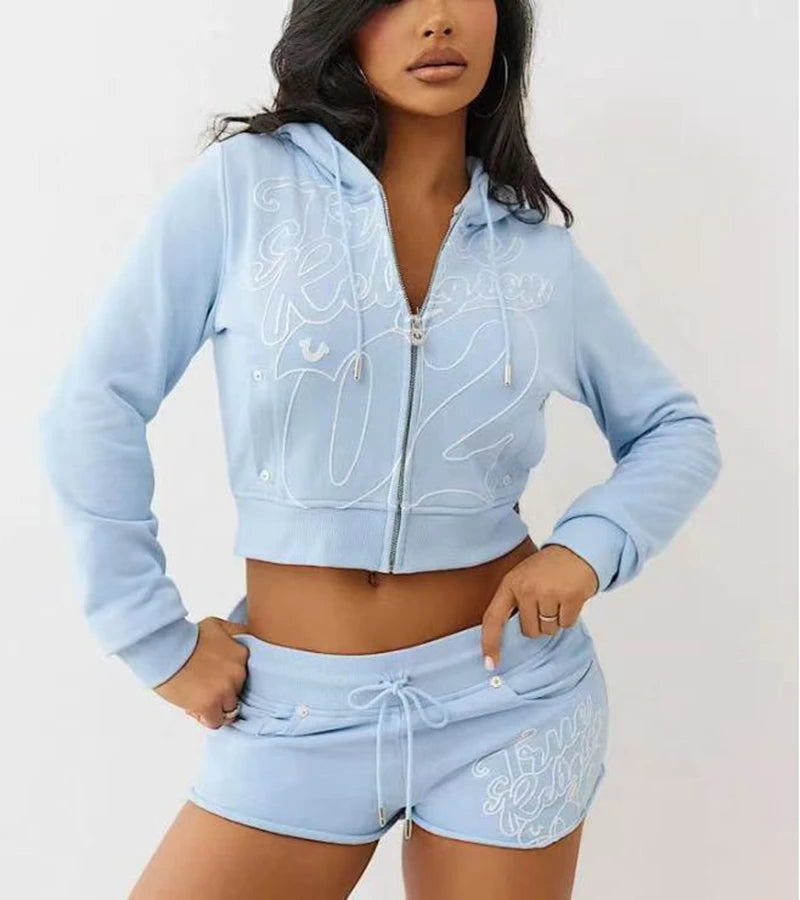 STYLISH LADY Letter Printed Sporty 2 Piece Set Women Long Sleeve Zipper Hoodies Crop Top and Shorts Suits 2025 Autumn Tracksuits