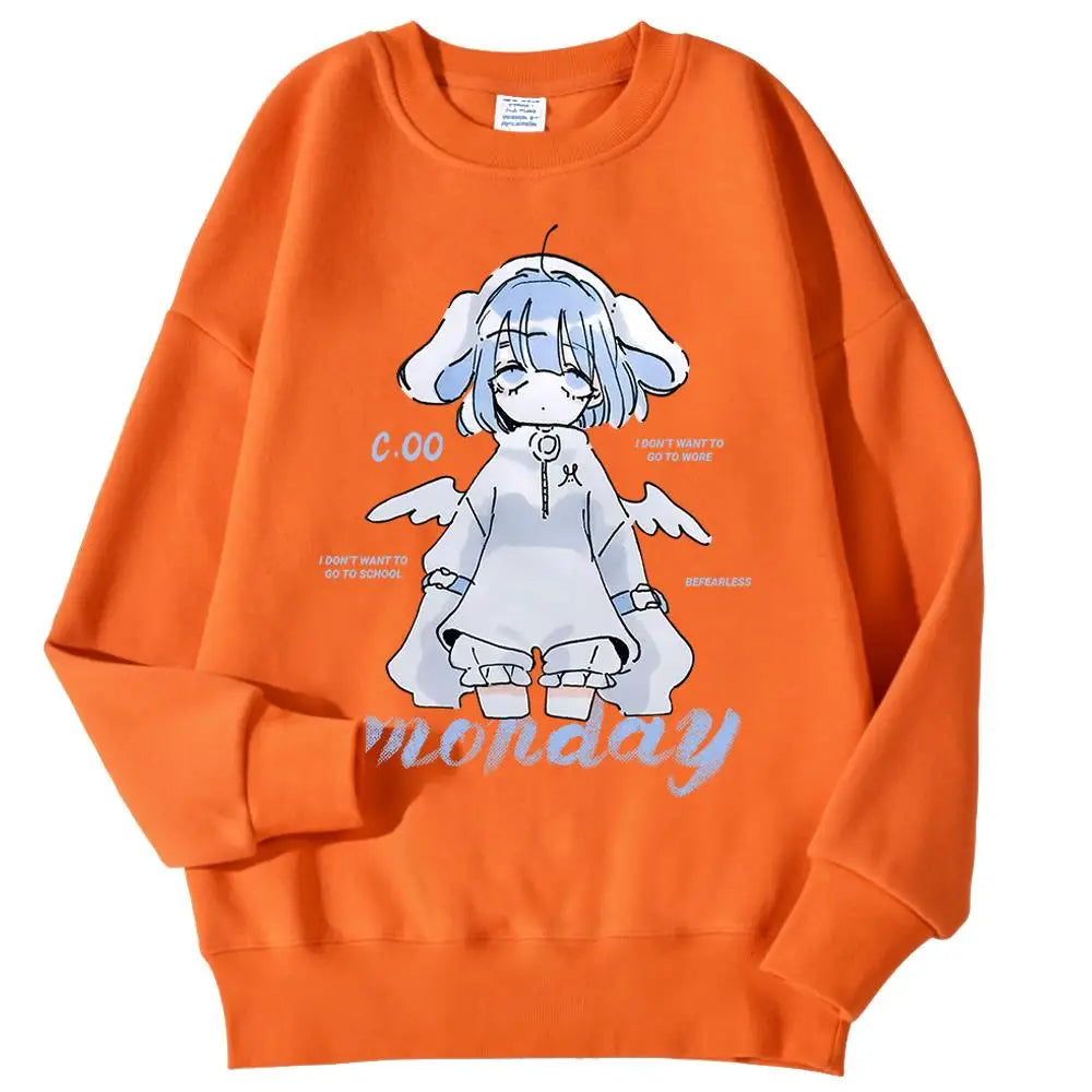 Harajuku Anime Girl Design Womens Sweatshirts Couples Kawaii Hoodie Comfortable Crewneck Clothes All-Match Fleece Streetwear