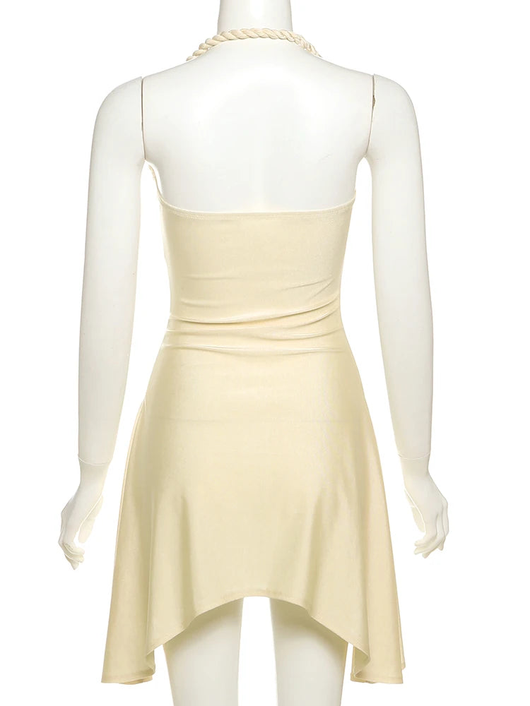 Weird Puss Shell Metal Satin Dress Women Y2K Plait Halter Sexy Low-Neck Irregular Backless Sleeveless Ruched Summer Mini Bodycon