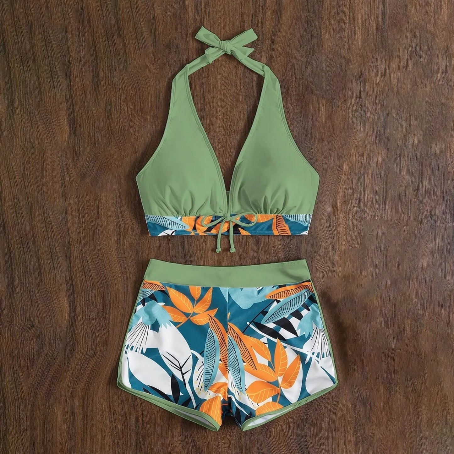 Shorts Bikinis Set  High Waist Swimsuit Women Swimwear  Plant Print Bathers Bathing Swim Suit Beachwear