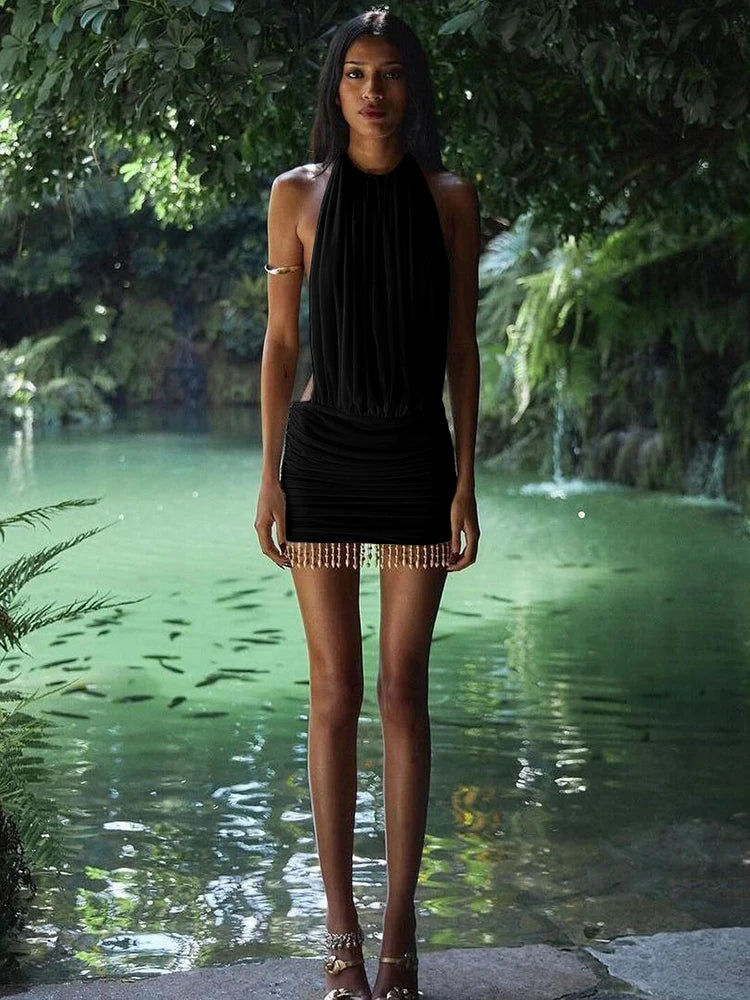 Weird Puss Mesh Patchwork Mini Dress Women Lace-Up Halter Sexy Backless Pearl Tassel Midnight Club Party Ruched Elegant Outfits