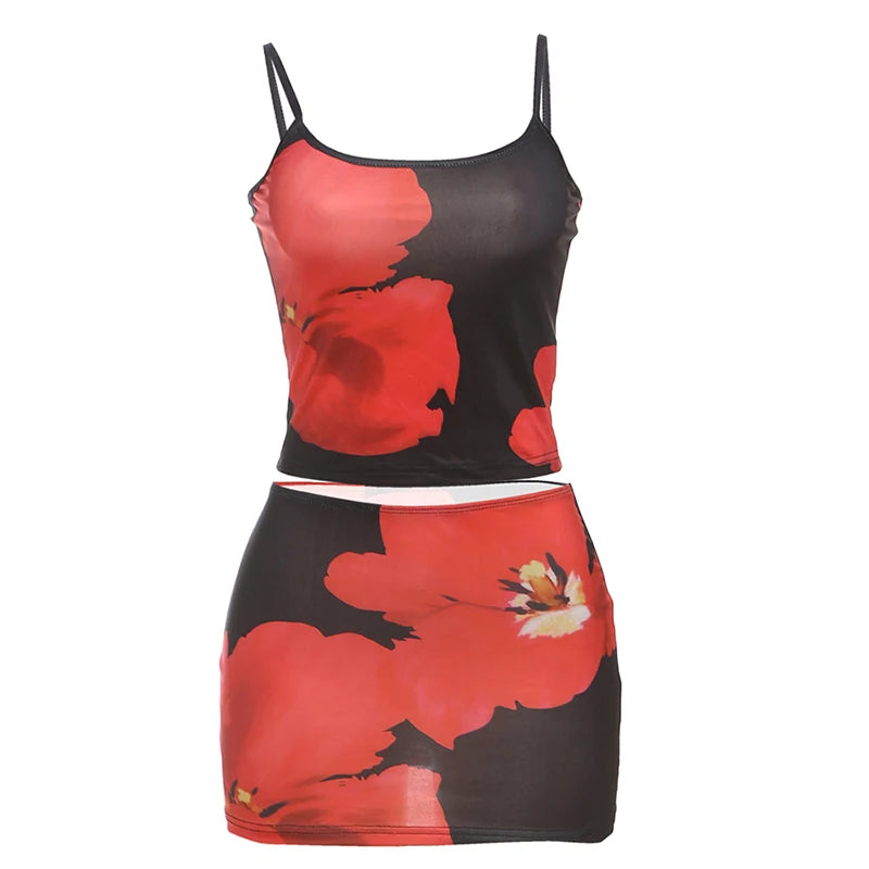 Weird Puss Y2K Floral Print 2 Piece Set Women Sexy Low-Neck Camisole+Skinny Peach Hip Skirts Vacation Trend Beach Style Outfits