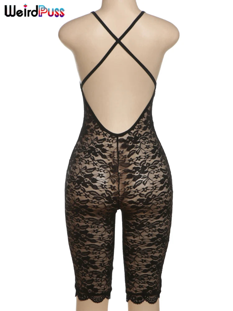 Weird Puss Coquette Playsuit Women Mesh Midnight Backless Sleeveless v-Neck Sexy Summer Hipster Skinny Fitness Stretch Romper